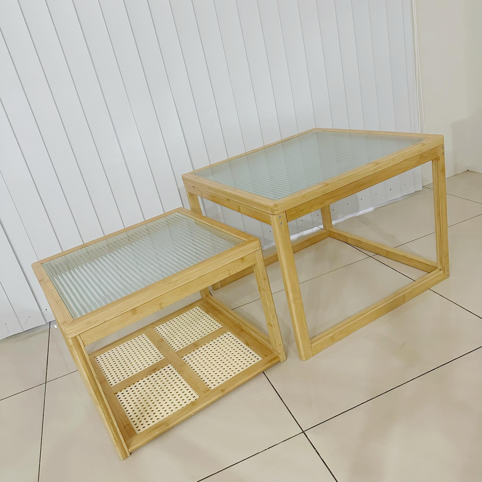 Scandinavian Wood Bamboo & Glass Double Center Table