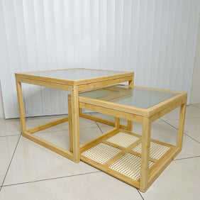 Scandinavian Wood Bamboo & Glass Double Center Table