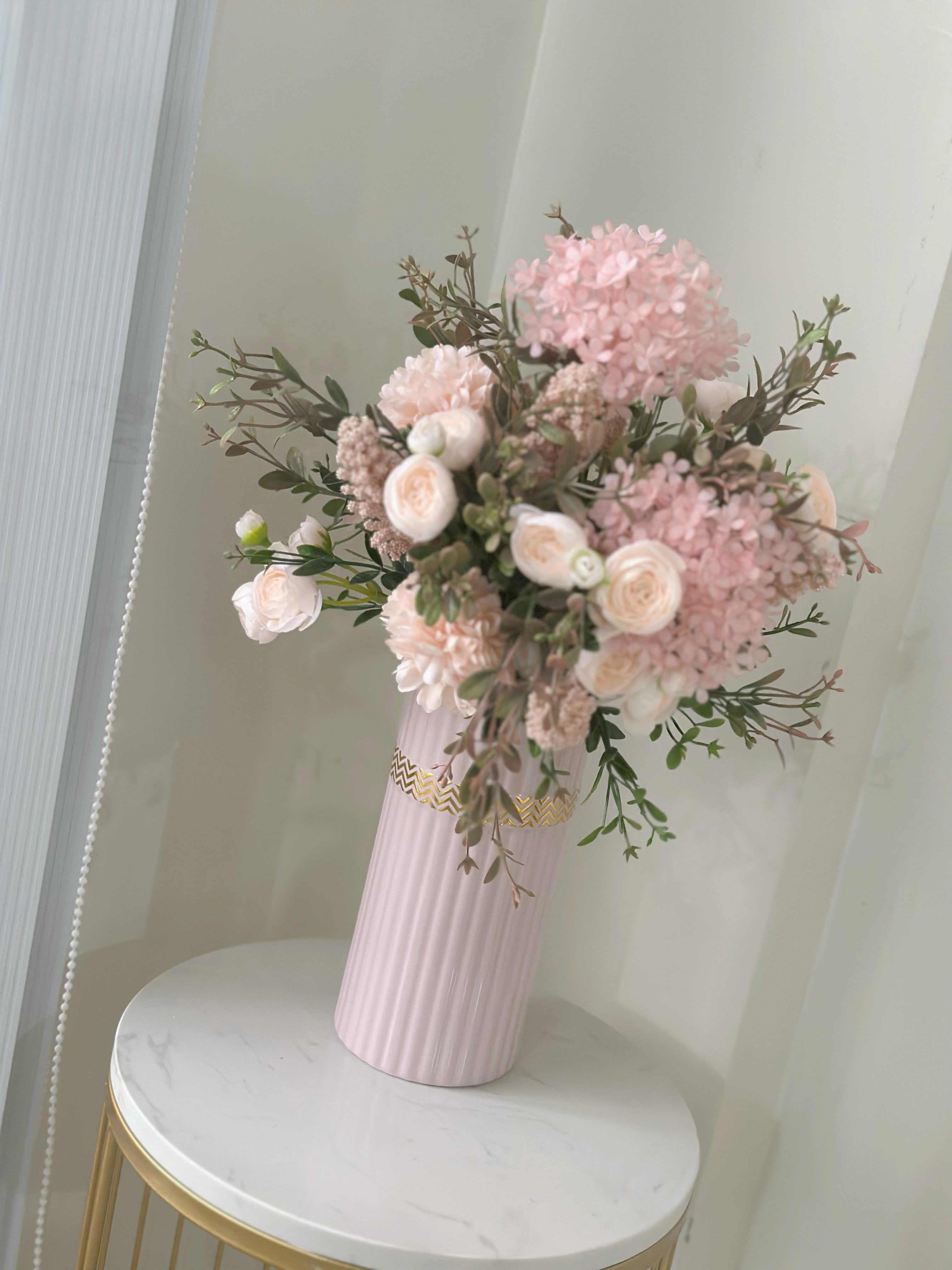 Blush Pink Faux Floral Arrangement in Textured Pink Vase