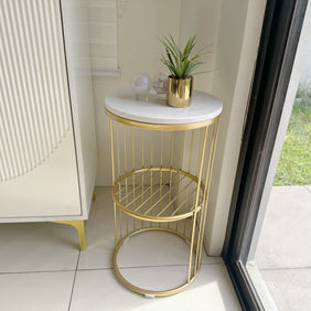 [Display Unit] Tiffany Natural Marble White & Gold Round Side End Table