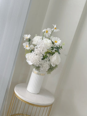 Classic White Faux Floral Arrangement with Daisies in Elegant Vase