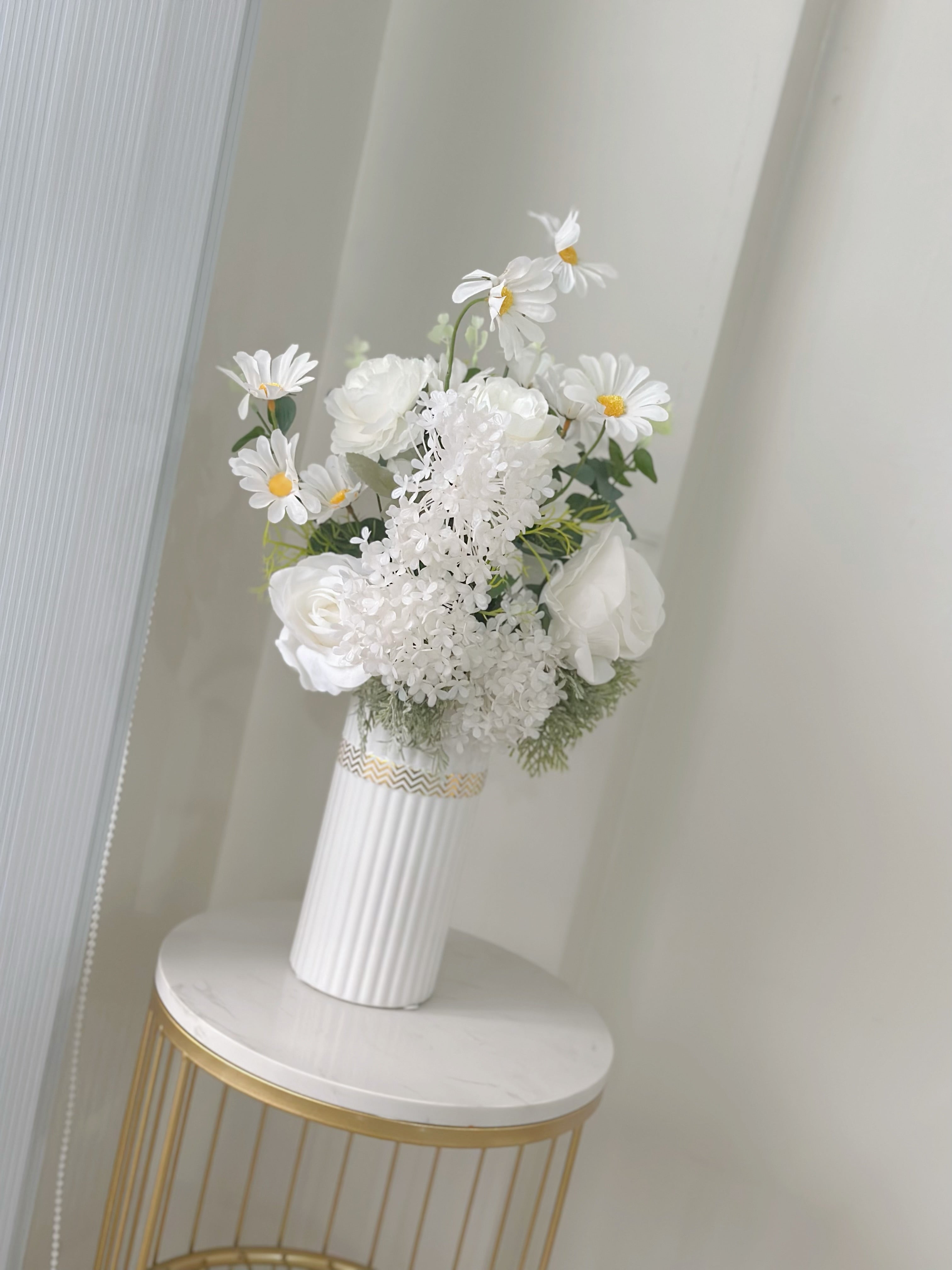 Classic White Faux Floral Arrangement with Daisies in Elegant Vase