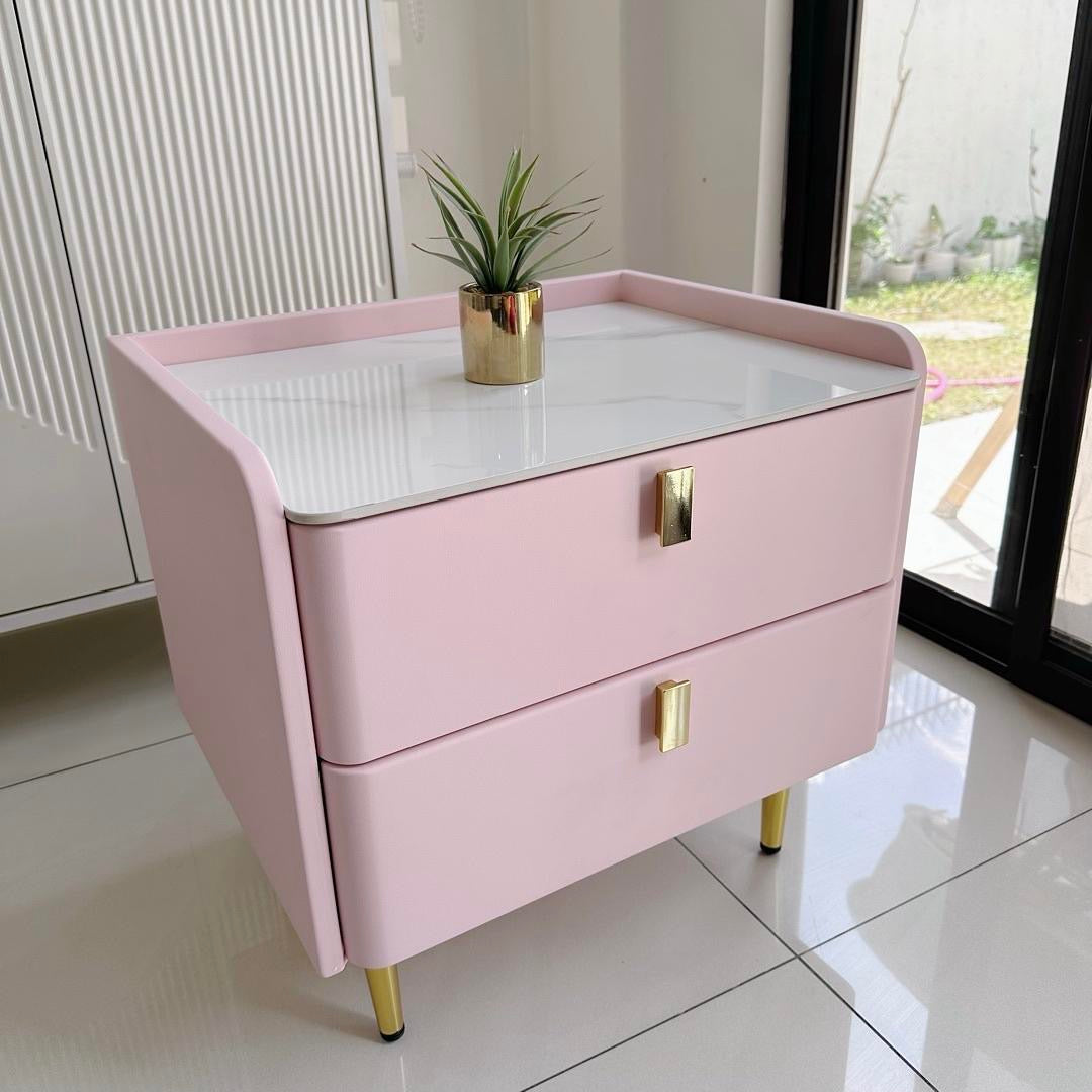 Cleo Pink & Gold Side Table (marble top and faux leather)