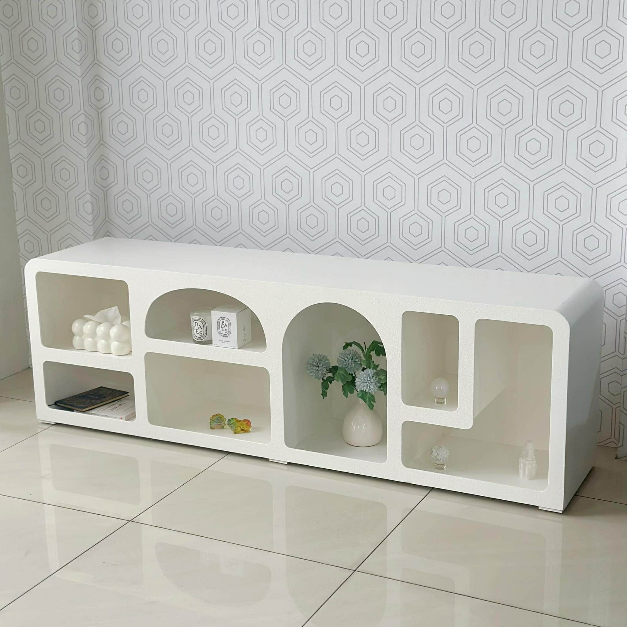 [Preorder] Mediterranean Cement Look Wood White TV Table Rack