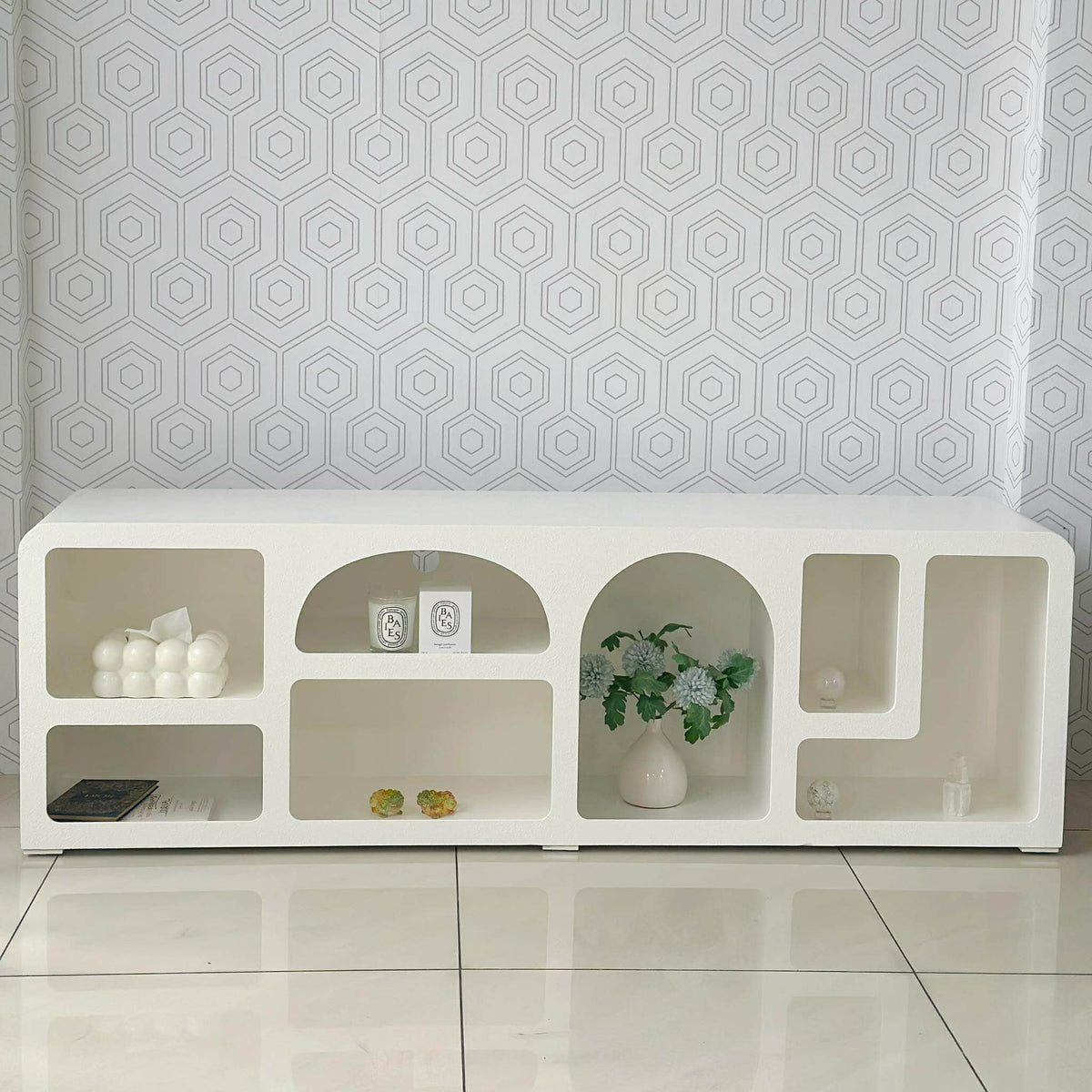 Mediterranean Cement Look Wood White TV Table Rack – Doozy Furniture