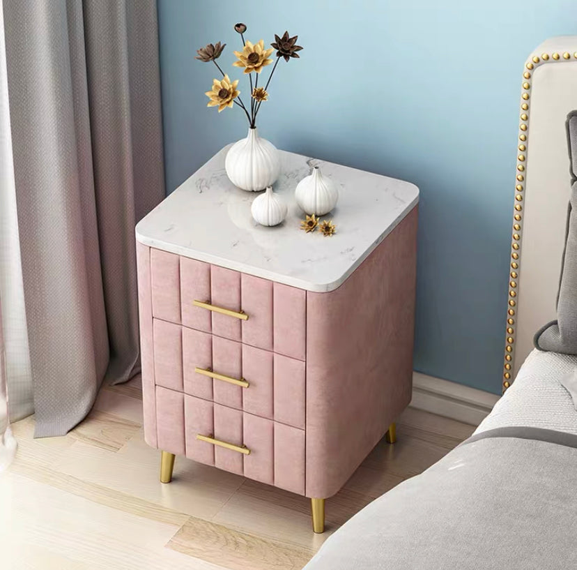 Valerie Pink Velvet Natural Marble Top Bed Side End Night Table w/ Drawers