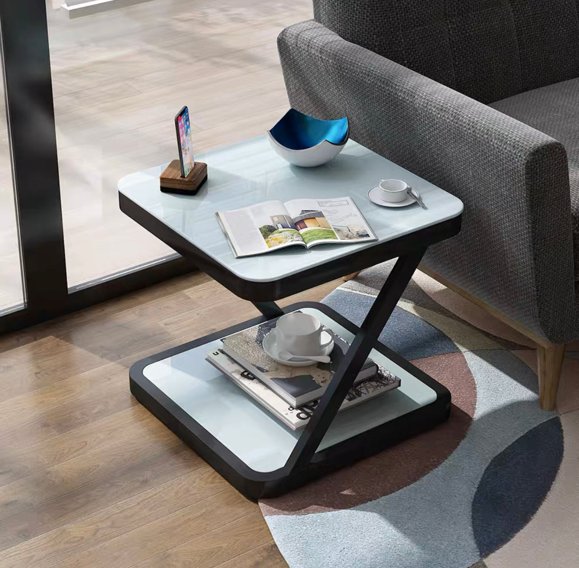Z design Glass & Steel Side Table (Black)