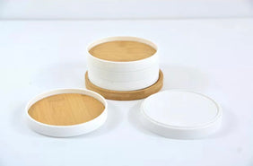Bamboo Coasters 5-Pack Set Wooden Coasters with Holder - Round Cup Coasters for Cold Drinks and Hot Beverage