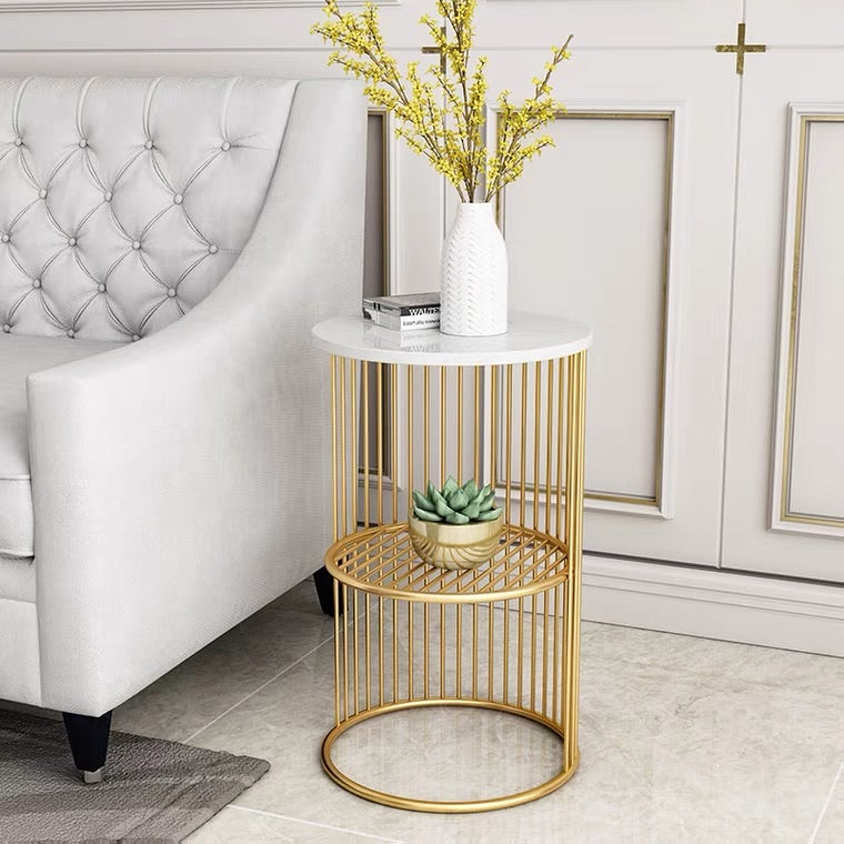 Tiffany Natural Marble White & Gold Round Side End Table